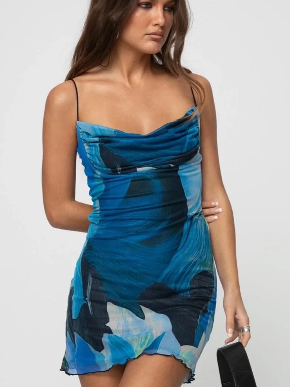 Princess Polly Teal and Blue Abstract Cowl Neck Mini Dress